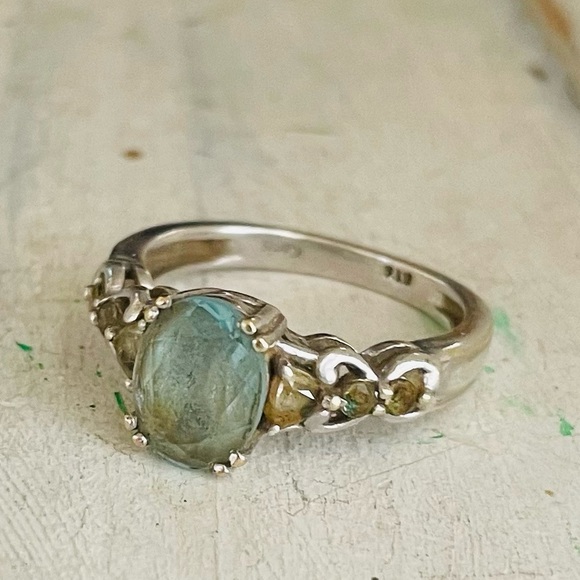Vintage 925 natural aquaMarine & chalcedony heart scroll ring - Picture 4 of 5